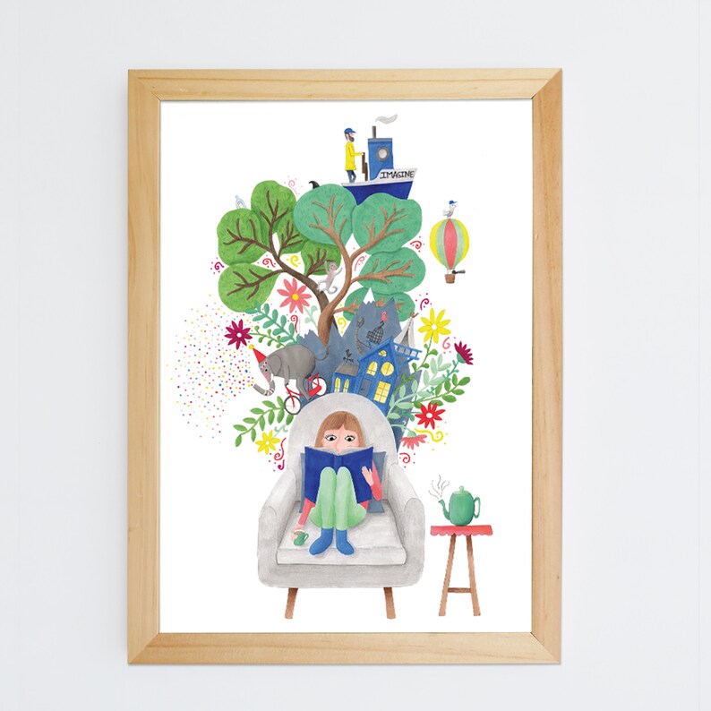 May include: A watercolor illustration of a girl sitting in a chair reading a book. Above her head is a tree with a hot air balloon, a ship, and other whimsical elements. The text "Imagine" is on the ship.