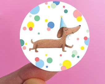 Dachshund Birthday Stickers, Sausage Dog Gift Wrap, 10 Pack, teckel seal label