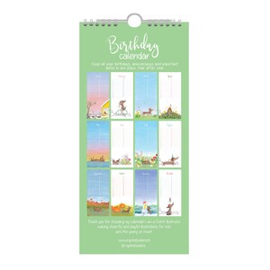 May include: A green birthday calendar with a spiral binding. The calendar features illustrations of dachshunds and seasonal scenes. Text includes "Birthday calendar" and "Keep all your birthdays..."