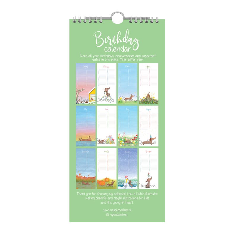May include: A green birthday calendar with a spiral binding. The calendar features illustrations of dachshunds and seasonal scenes. Text includes "Birthday calendar" and "Keep all your birthdays..."