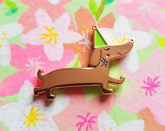 SPRING VIBES - Sausage dog pin, soft enamel teckel pin, pink cherry blossoms brooch, copper dachshund badge, dog lapel pin, doxie lover gift