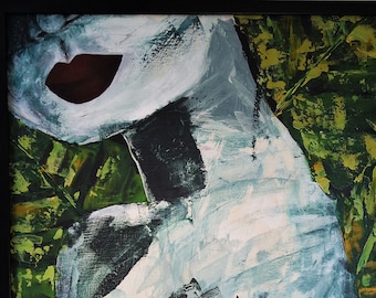 Pintura de arte moderno Mujer en lápiz labial rojo Hojas verdes Pintura acrílica abstracta