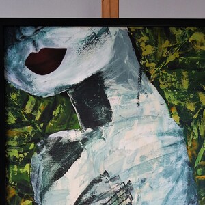 Moderne Kunst Malerei Frau im roten Lippenstift grüne Blätter abstrakte Acrylmalerei
