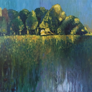Pintura acrílica abstracta Paisaje nocturno junto al lago en azul y amarillo Luz de luna Obra de arte original hecha a mano