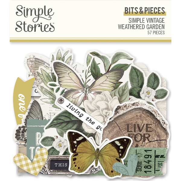 Simple Stories Weathered Garden Embellishments, Floral Die Cuts, Bits & Pieces, Enamel Dots, Page Pieces