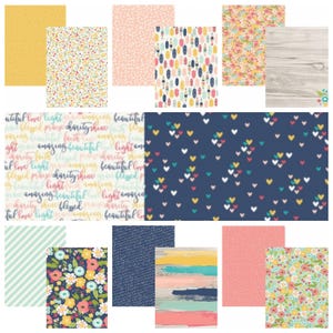 May include: A collection of 12 digital scrapbook paper designs featuring various patterns, including floral, stripes, hearts, and words like "love", "light", "amazing", and "beautiful".