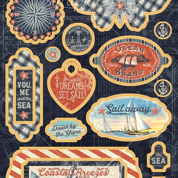 Graphic 45 - Catch of the Day 12x12 Collection Pack, Chipboard Pieces, Ephemera Journaling Cards - Nautical Scrapbook Paper Coastal Vacation