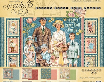Graphic 45 Penny's Paper Doll Family  12x12 Collection Pack – Patterns, Solids, Stickers, Journaling Cards