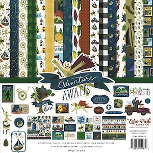 May include: A craft collection kit titled Adventure Awaits featuring twelve 12x12 double-sided patterned papers and one 12x12 element sticker sheet. The designs include illustrations of camping, forests, mythical creatures, and vehicles.