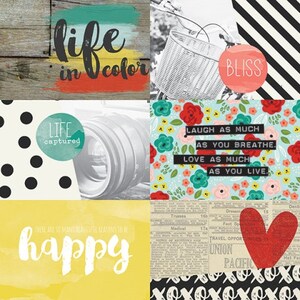 May include: A collage of images with inspirational quotes and designs. The images include a bicycle with a basket, a camera lens, a heart, and a floral pattern. The text includes "life in color", "life captured", "laugh as much as you breathe, love as much as you live", "bliss", and "happy".
