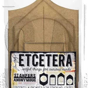 May include: A brown cardboard sheet with a cut-out design of a building facade. The sheet is packaged in a clear plastic bag. The text on the sheet reads "ETCETERA...artful things for curious minds" and "STAMPERS ANONYMOUS 1934". The text also states "CONTENTS: 4 FACADES 24 STACKING STRIPS" and "THICKBOARD: A THICK STURDY SURFACE TO BE COLLAGED, ALTERED, AND EMBELLISHED."