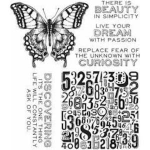 May include: Black and white butterfly illustration with intricate wing details. The image includes various numbers and inspirational text: "THERE IS BEAUTY IN SIMPLICITY", "LIVE YOUR DREAM WITH PASSION", and "REPLACE FEAR OF THE UNKNOWN WITH CURIOSITY".