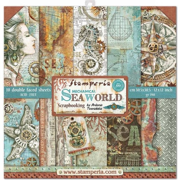 Stamperia - Mechanical Sea World 12x12 Scrapbook Paper Collection, Steampunk, Gears