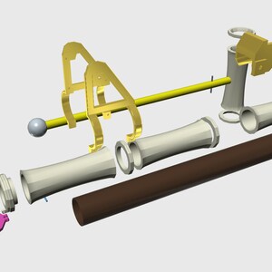 Puede incluir: Un modelo de juguete de pistola desmontado con un ca&ntilde;&oacute;n marr&oacute;n, un cuerpo blanco y dorado y un mango rosa y negro. La pistola est&aacute; hecha de pl&aacute;stico y metal.