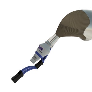 May include: A close-up of a prosthetic hip joint with a blue and black metal attachment. The hip joint is made of metal and has a brown plastic liner. The attachment has the word "Sapyr" printed on it.