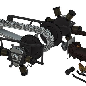 May include: A disassembled model of a mechanical device with a black and silver track, multiple gears, and a brown and gold component. The device appears to be a model of a robot or a vehicle.