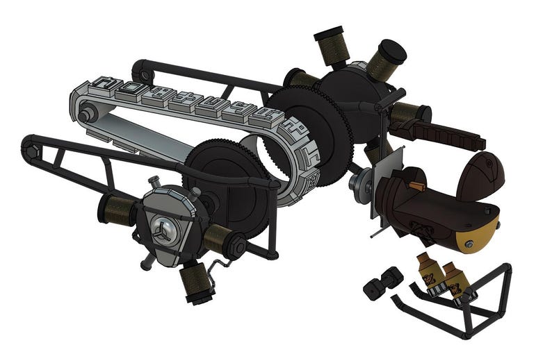 May include: A disassembled model of a mechanical device with a black and silver track, multiple gears, and a brown and gold component. The device appears to be a model of a robot or a vehicle.
