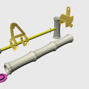 Puede incluir: Un conjunto de piezas desmontadas para un ca&ntilde;&oacute;n de juguete de madera. El conjunto incluye un ca&ntilde;&oacute;n de madera, una varilla de metal, una rueda de metal y una tapa de metal. Las piezas est&aacute;n pintadas en tonos grises y dorados.