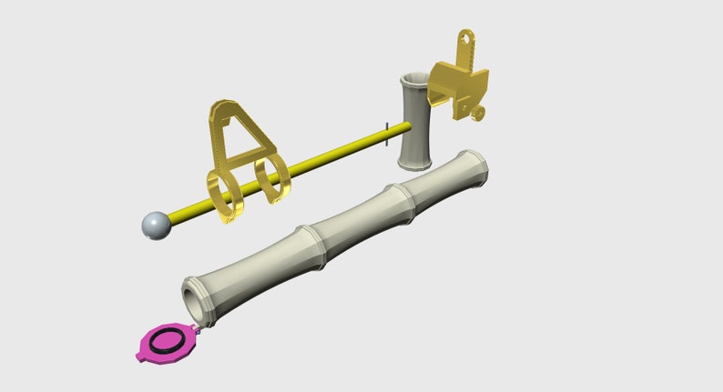 Puede incluir: Un conjunto de piezas desmontadas para un ca&ntilde;&oacute;n de juguete de madera. El conjunto incluye un ca&ntilde;&oacute;n de madera, una varilla de metal, una rueda de metal y una tapa de metal. Las piezas est&aacute;n pintadas en tonos grises y dorados.