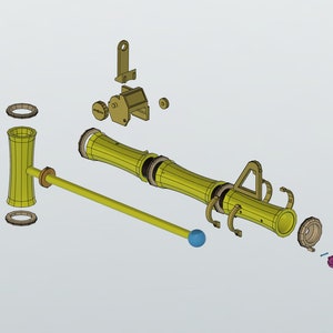 May include: A disassembled wooden toy cannon with a yellow barrel, a blue ball, and a brown wooden base. The cannon is made of multiple pieces, including a barrel, a base, a handle, and a firing mechanism.