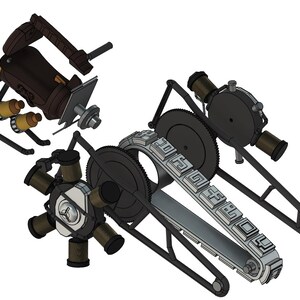 May include: A black and silver mechanical device with a chain drive and multiple gears. The device has a black and brown hand-held component with a blade.