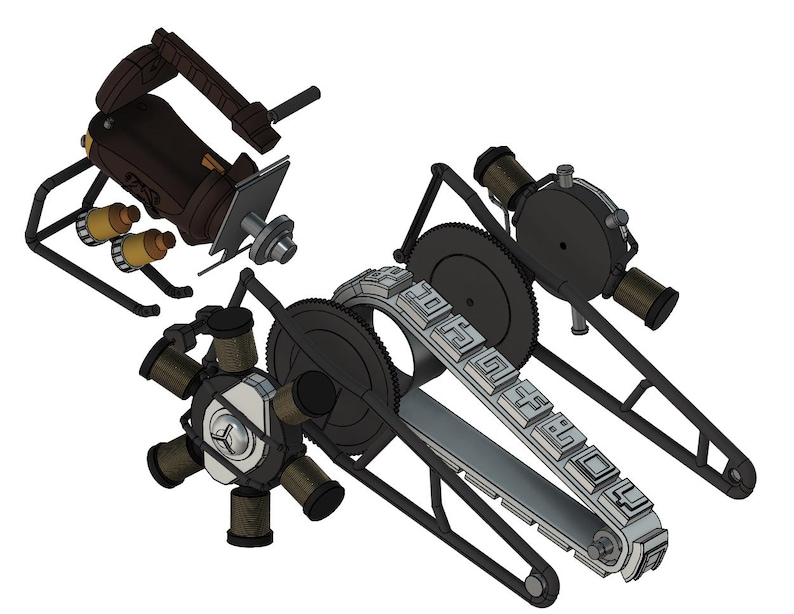 May include: A black and silver mechanical device with a chain drive and multiple gears. The device has a black and brown hand-held component with a blade.
