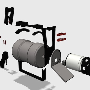 Puede incluir: Un modelo 3D impreso desmontado de un peque&ntilde;o motor el&eacute;ctrico blanco y negro con un componente cil&iacute;ndrico plateado y negro. El motor tiene una carcasa de pl&aacute;stico negro con un eje plateado y un engranaje de pl&aacute;stico negro. El componente cil&iacute;ndrico tiene un cuerpo plateado y una tapa de pl&aacute;stico negro. El modelo se muestra en vista explotada, con las piezas individuales separadas y etiquetadas.