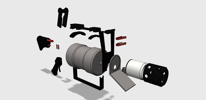 Puede incluir: Un modelo 3D impreso desmontado de un peque&ntilde;o motor el&eacute;ctrico blanco y negro con un componente cil&iacute;ndrico plateado y negro. El motor tiene una carcasa de pl&aacute;stico negro con un eje plateado y un engranaje de pl&aacute;stico negro. El componente cil&iacute;ndrico tiene un cuerpo plateado y una tapa de pl&aacute;stico negro. El modelo se muestra en vista explotada, con las piezas individuales separadas y etiquetadas.