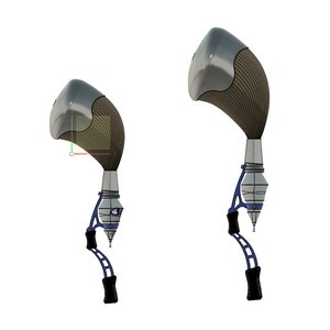 May include: Two silver and brown metal objects with a blue and silver base and a lever. The objects are shaped like a teardrop and have a textured surface.