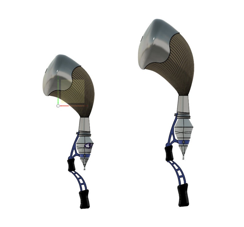 May include: Two silver and brown metal objects with a blue and silver base and a lever. The objects are shaped like a teardrop and have a textured surface.