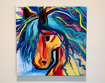 Original Acrylic Horse Painting Canvas Mustang, 12 x 12 inch
