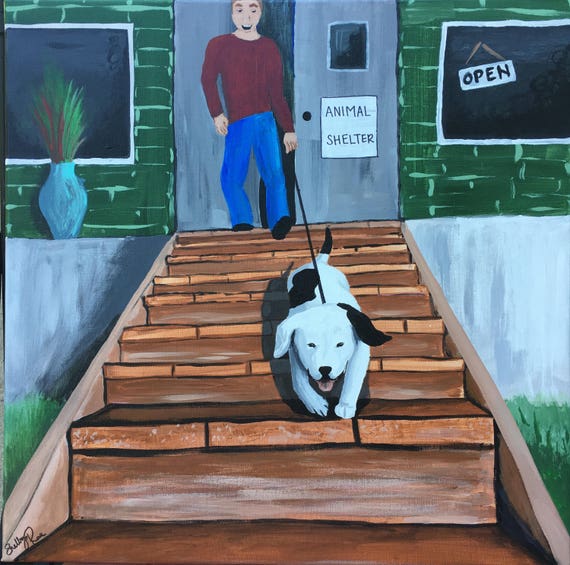 Original Acrylic Painting, Rescued Dog's Lucky Day, 18
