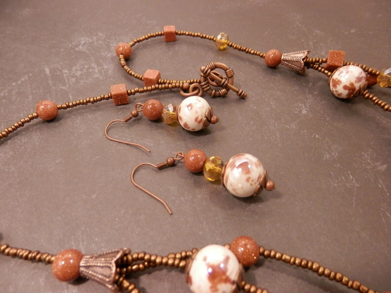 Multistrand Goldstone Necklace with Brown /& White Ceramic Bronze Glass AB Faceted Crystals Antique Copper Accents and Matching Earrings