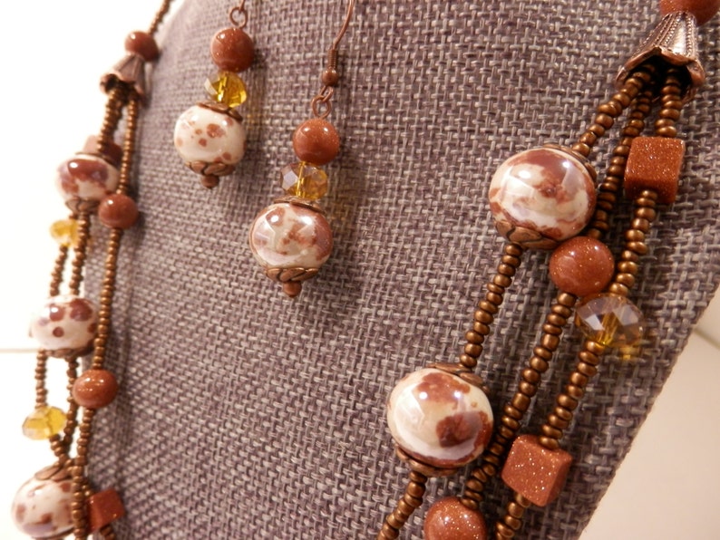 Multistrand Goldstone Necklace with Brown /& White Ceramic Bronze Glass AB Faceted Crystals Antique Copper Accents and Matching Earrings
