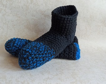 Сrochet slippers unisex 9-10size USA, Black blue wool socks for men, Soft shoes, Women's house slippers, Home organic shoes