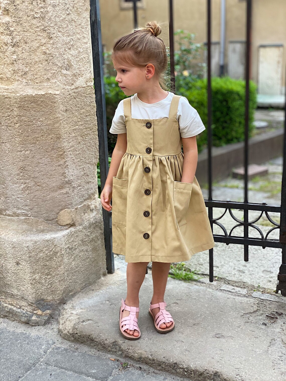 beige pinafore dress