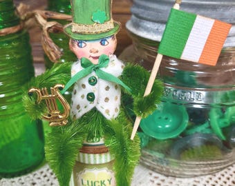 St Patrick's Day Leprechaun on Vintage Spool, Irish Decor