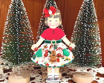 Christmas Paper Doll, Mixed Media Paper Doll, Christmas Decor, Christmas Gift