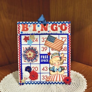 Carte de bingo du 4 juillet faite main, décor patriotique, carte de bingo rouge, blanche, bleue altéré