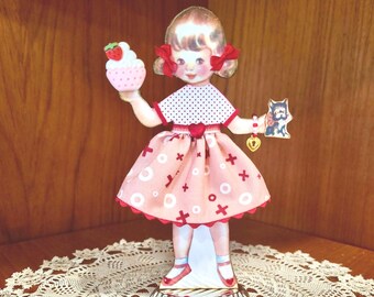 Handmade Valentine Paper Doll, Vintage Candy Mold Stand