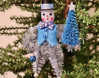 Handmade Snowman Ornament, Bump Pipe Cleaner Snowman, Feather Tree Ornament