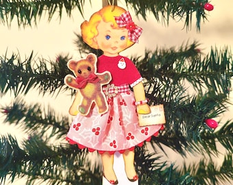 Christmas Paper Doll Ornament, Mixed Media Paper Doll, Christmas Decor, Christmas Gift