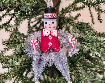 Handmade Snowman Ornament: Vintage Cupcake Pick, Felt Vest