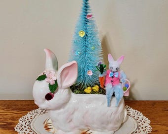 Easter Assemblage, Vintage Easter Planter Decoration, Bump Chenille Bunny Scene