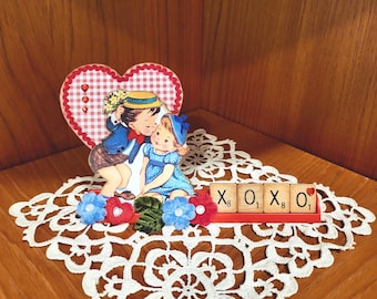Valentine Scrabble Tray, Handmade Valentine Decoration, Altered Scrabble Tray, Mixed Media Scrabble Tray
