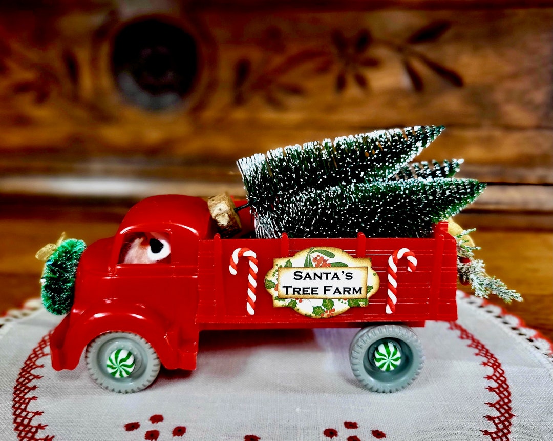 Red Christmas Truck With Trees, Vintage Toy Truck Assemblage, Christmas