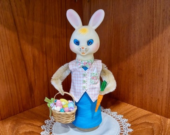 Handmade Vintage Easter Bunny Decoration: Blue Thread Cone, Houndstooth Vest