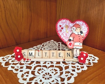 Valentine Scrabble Tray, Handmade Valentine Decoration, Altered Scrabble Tray, Mixed Media Scrabble Tray