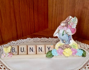 Vintage Easter Bunny Scrabble Tile Tray: Handmade Spring Decor