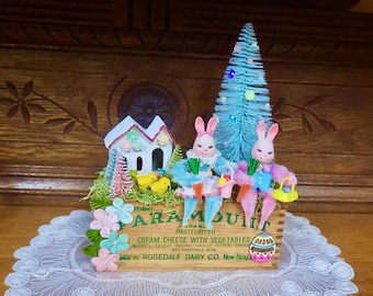 Easter Assemblage, Vintage Cheese Box Decor, Bump Chenille Bunny Scene